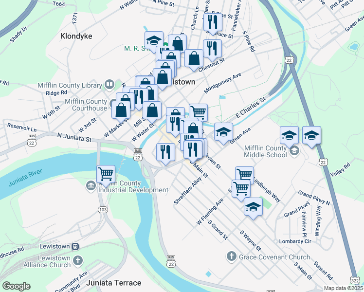 map of restaurants, bars, coffee shops, grocery stores, and more near 207 South Main Street in Lewistown