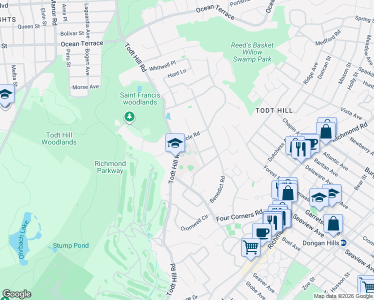 map of restaurants, bars, coffee shops, grocery stores, and more near 5 4 Corners Road in Staten Island