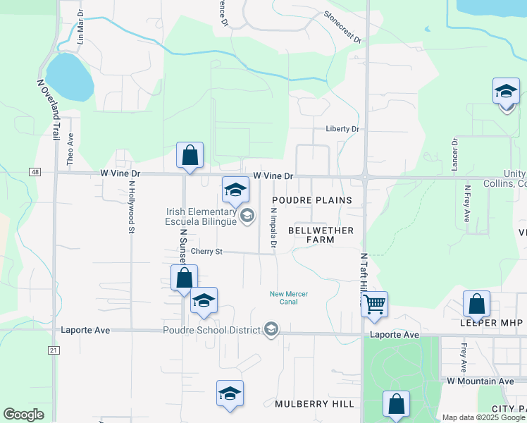 map of restaurants, bars, coffee shops, grocery stores, and more near 544 Irish Drive in Fort Collins