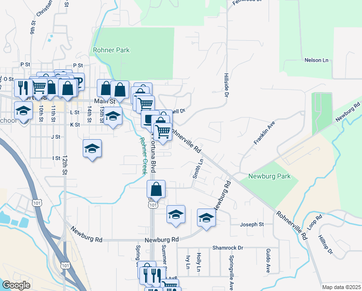 map of restaurants, bars, coffee shops, grocery stores, and more near 2184 David Way in Fortuna