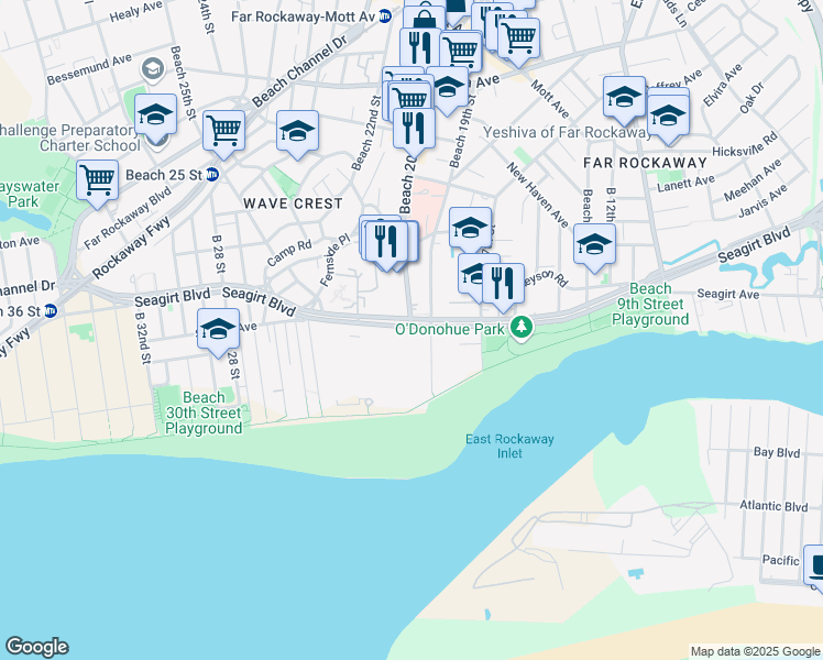 map of restaurants, bars, coffee shops, grocery stores, and more near 193 Beach 19th Street in Queens