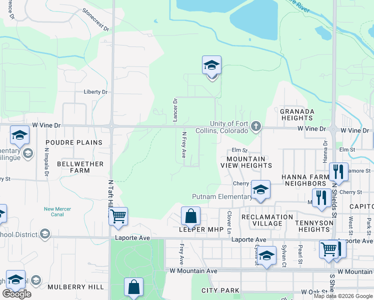 map of restaurants, bars, coffee shops, grocery stores, and more near 514 North Frey Avenue in Fort Collins