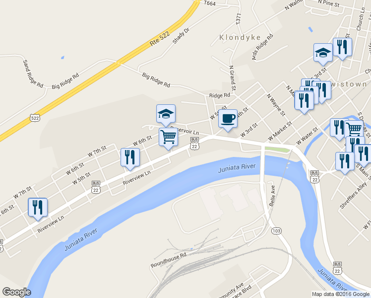 map of restaurants, bars, coffee shops, grocery stores, and more near 384 West 4th Street in Lewistown