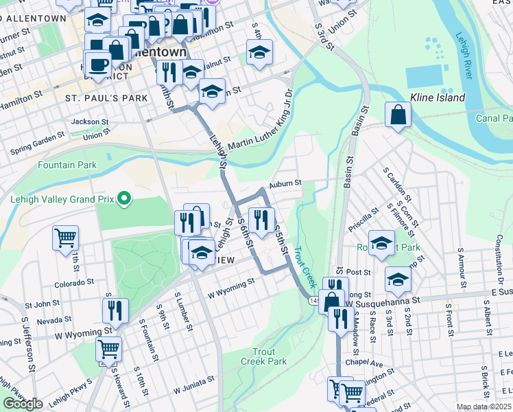 map of restaurants, bars, coffee shops, grocery stores, and more near 522 Harrison Street in Allentown