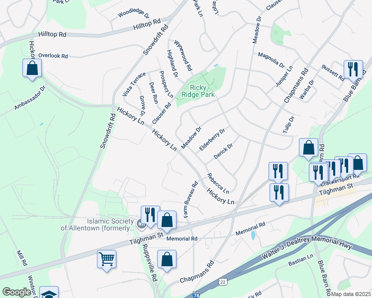 map of restaurants, bars, coffee shops, grocery stores, and more near 5928 Meadow Drive in Lehigh County