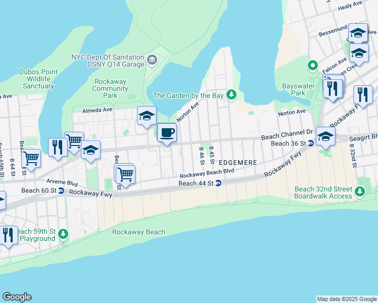 map of restaurants, bars, coffee shops, grocery stores, and more near 342 Beach 48th Street in Queens