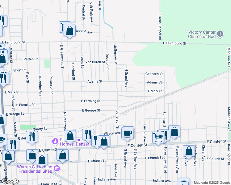 map of restaurants, bars, coffee shops, grocery stores, and more near 345 Jefferson Street in Marion