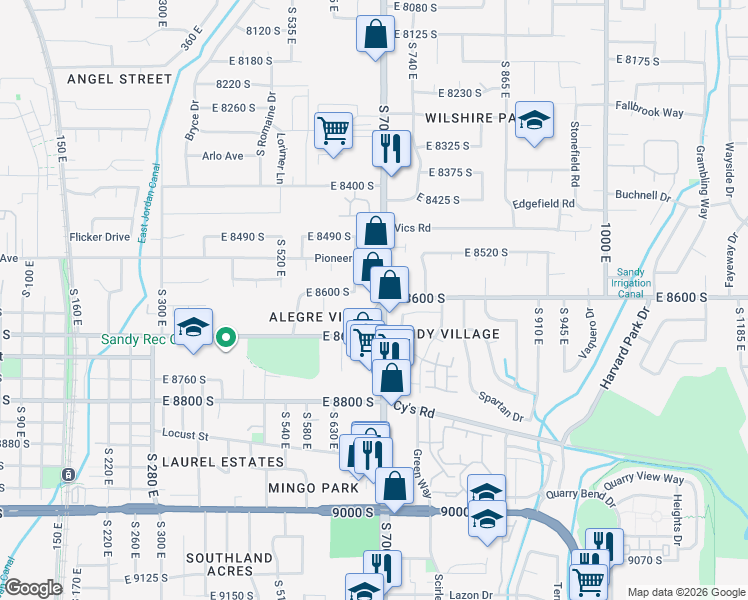 map of restaurants, bars, coffee shops, grocery stores, and more near 8600 South 700 East in Sandy