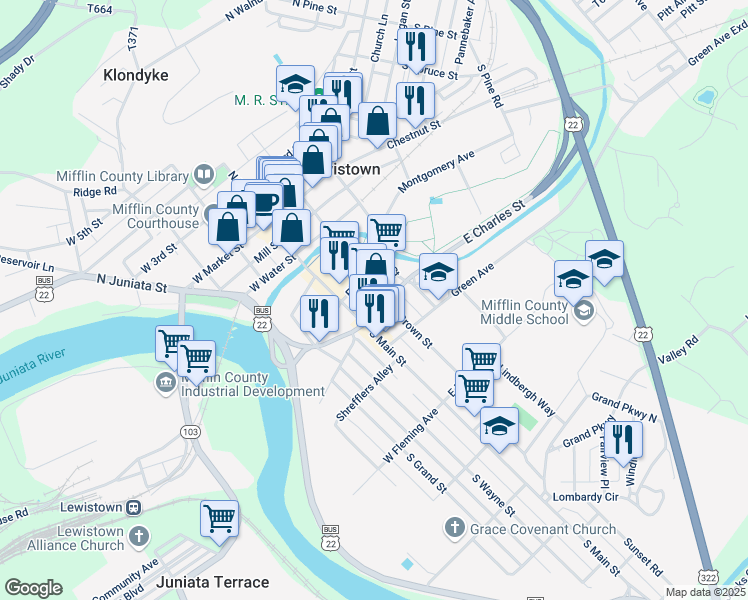 map of restaurants, bars, coffee shops, grocery stores, and more near 308 South Brown Street in Lewistown