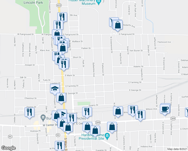 map of restaurants, bars, coffee shops, grocery stores, and more near 398 Ballentine Avenue in Marion