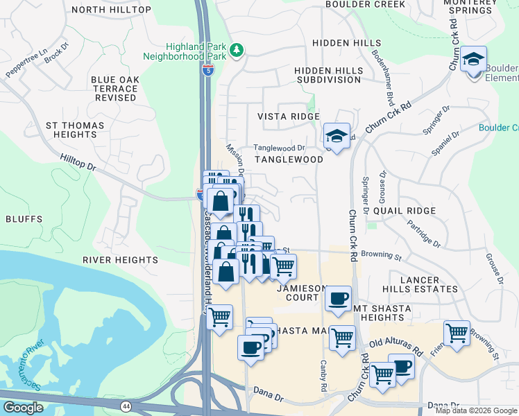 map of restaurants, bars, coffee shops, grocery stores, and more near 801-905 Mission De Oro Drive in Redding
