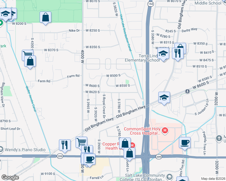 map of restaurants, bars, coffee shops, grocery stores, and more near 3857 West 8620 South in West Jordan