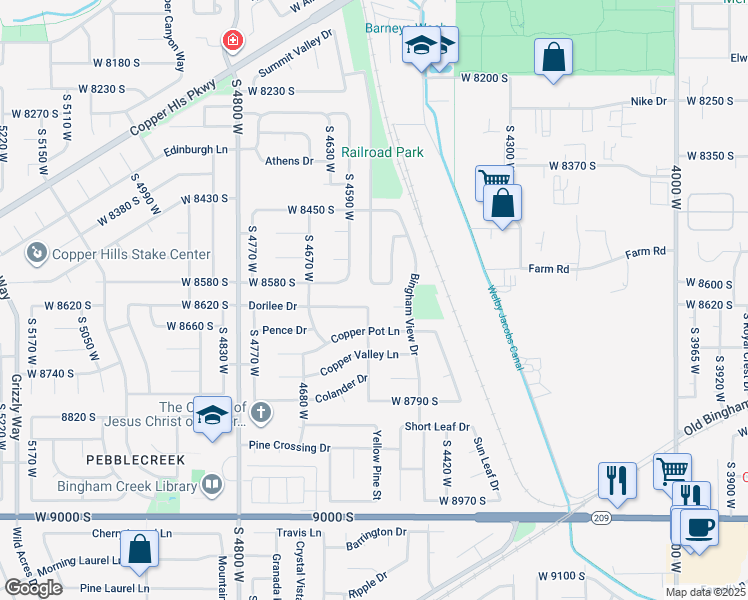 map of restaurants, bars, coffee shops, grocery stores, and more near 4521 Penny Circle in West Jordan