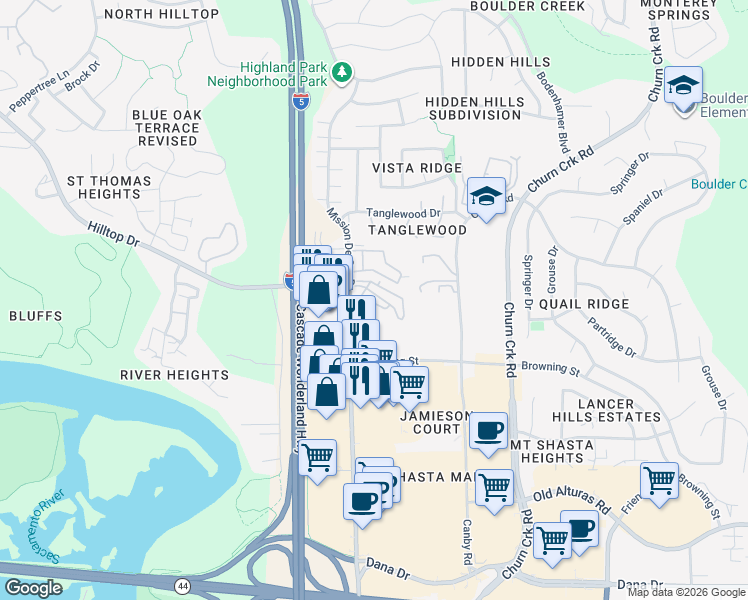 map of restaurants, bars, coffee shops, grocery stores, and more near 801-905 Mission De Oro Drive in Redding
