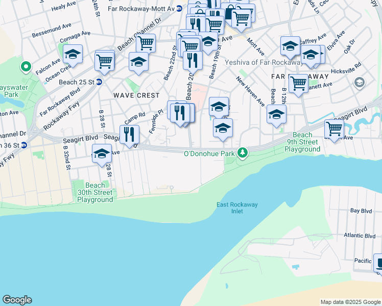 map of restaurants, bars, coffee shops, grocery stores, and more near 155 Beach 19th Street in Queens