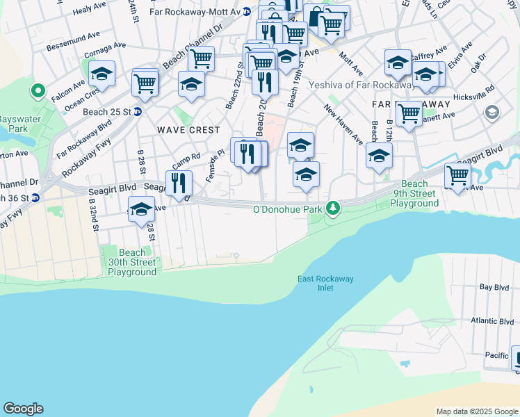 map of restaurants, bars, coffee shops, grocery stores, and more near 155 Beach 19th Street in Queens