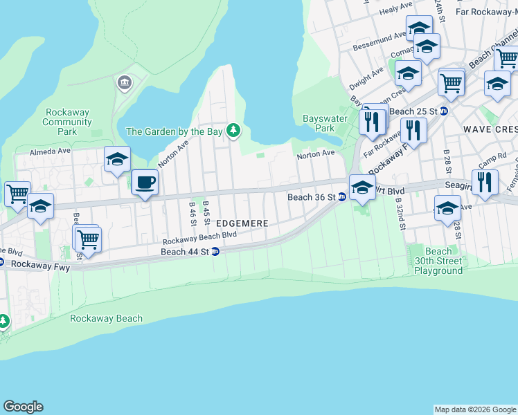 map of restaurants, bars, coffee shops, grocery stores, and more near 3-15 Beach 41st Street in Queens