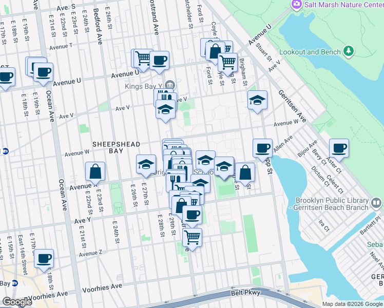 map of restaurants, bars, coffee shops, grocery stores, and more near 2953 Avenue X in Brooklyn