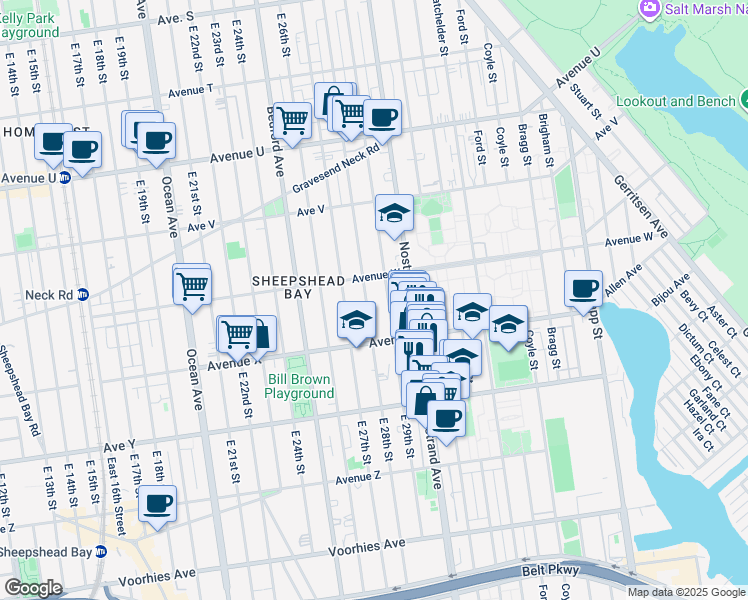 map of restaurants, bars, coffee shops, grocery stores, and more near 2347 East 28th Street in Brooklyn