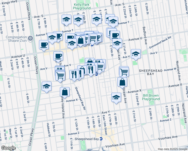 map of restaurants, bars, coffee shops, grocery stores, and more near 2282 East 15th Street in Brooklyn