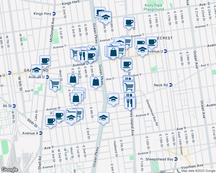 map of restaurants, bars, coffee shops, grocery stores, and more near 2246 Ocean Parkway Service Road in Brooklyn