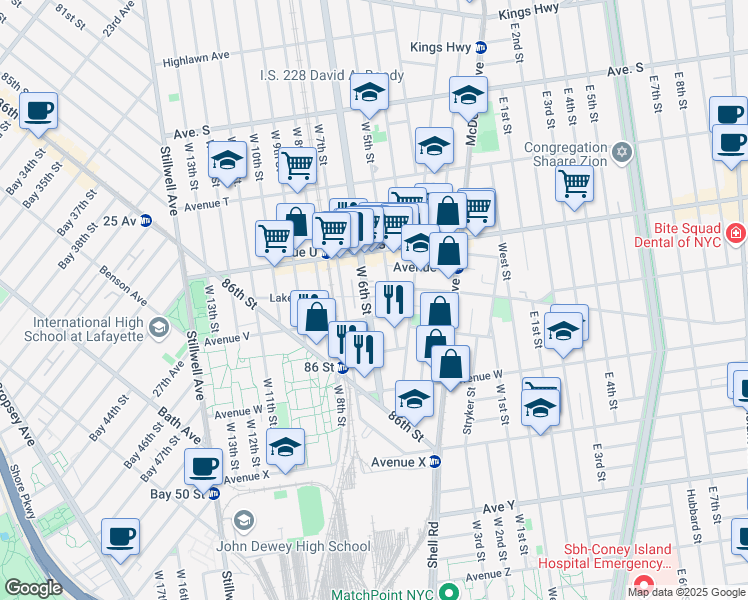 map of restaurants, bars, coffee shops, grocery stores, and more near 183 Avenue V in Brooklyn