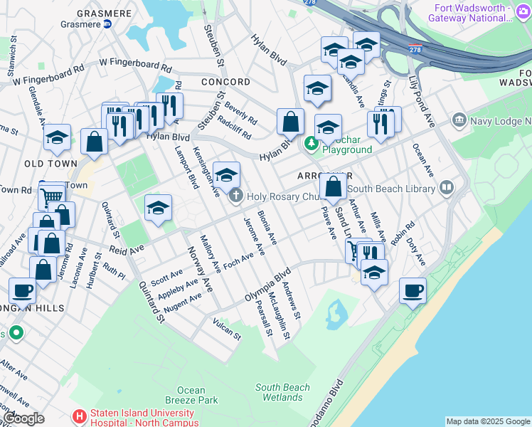 map of restaurants, bars, coffee shops, grocery stores, and more near 163 Jerome Avenue in Staten Island