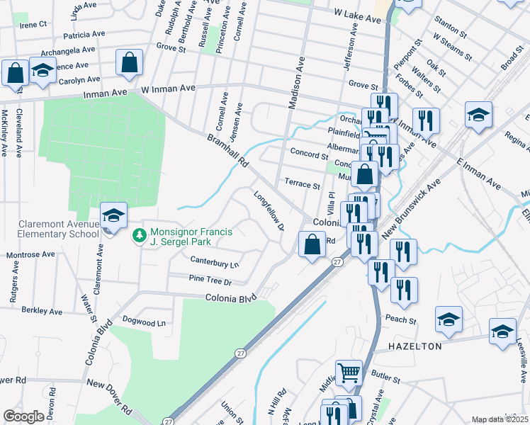 map of restaurants, bars, coffee shops, grocery stores, and more near 21 Tanglewood Lane in Woodbridge Township