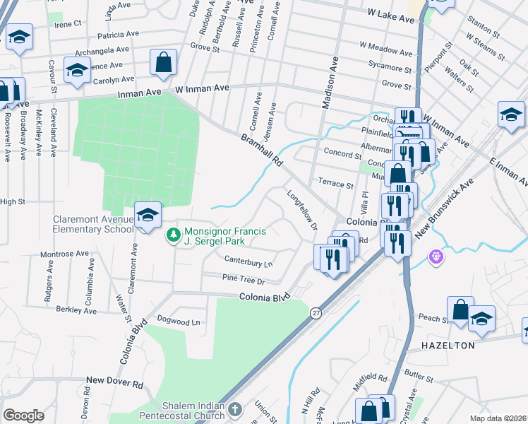 map of restaurants, bars, coffee shops, grocery stores, and more near 8 Woodland Drive in Woodbridge Township