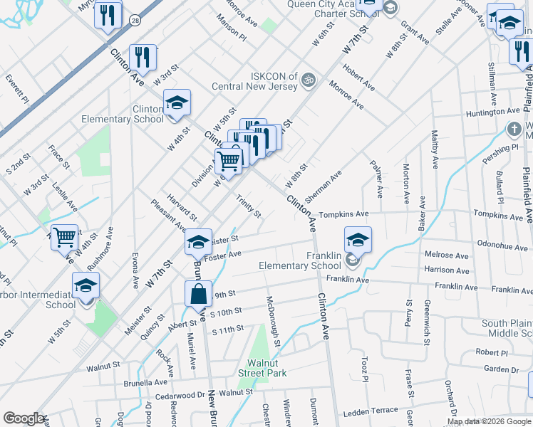 map of restaurants, bars, coffee shops, grocery stores, and more near 1325 Dey Street in South Plainfield