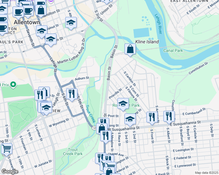 map of restaurants, bars, coffee shops, grocery stores, and more near 658 Genesee Street in Allentown