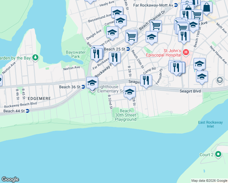 map of restaurants, bars, coffee shops, grocery stores, and more near 229 Beach 31st Street in Queens