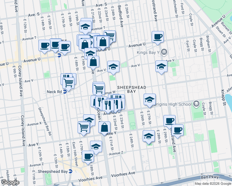 map of restaurants, bars, coffee shops, grocery stores, and more near 2325 East 22nd Street in Brooklyn