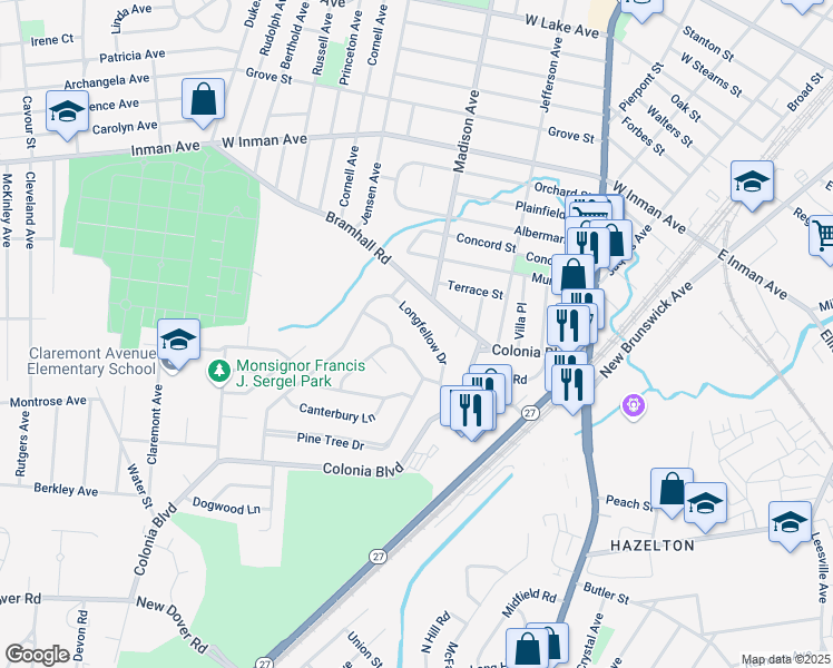 map of restaurants, bars, coffee shops, grocery stores, and more near 21 Tanglewood Lane in Woodbridge Township