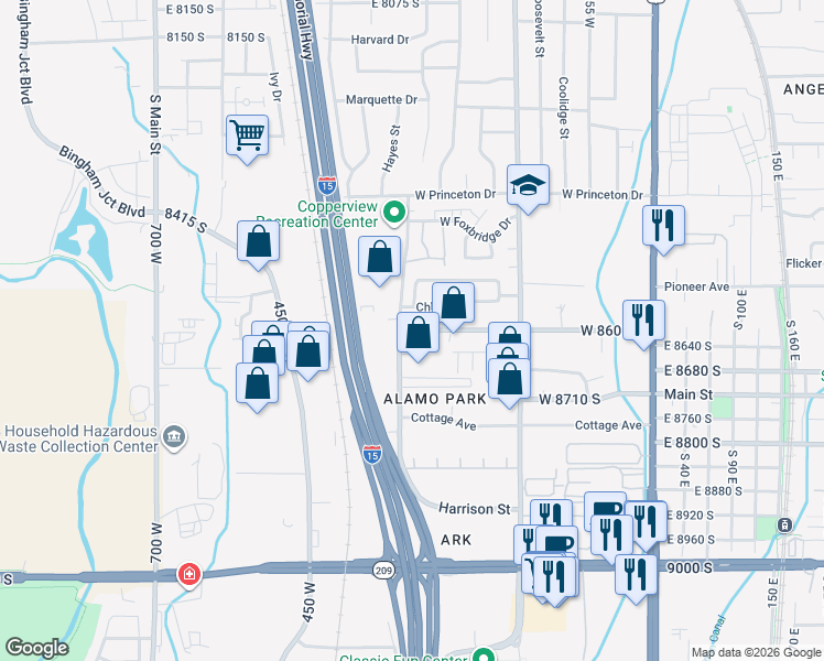 map of restaurants, bars, coffee shops, grocery stores, and more near 290 West 8600 South in Midvale