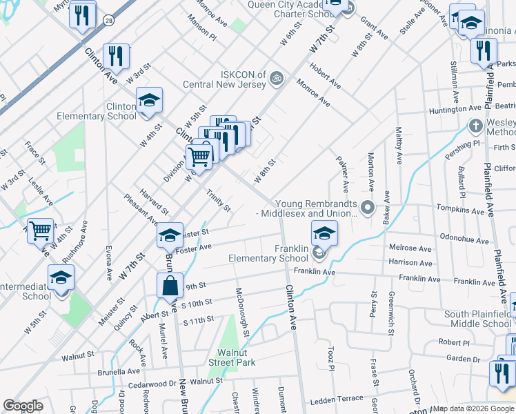 map of restaurants, bars, coffee shops, grocery stores, and more near 7 Rauer Court in South Plainfield
