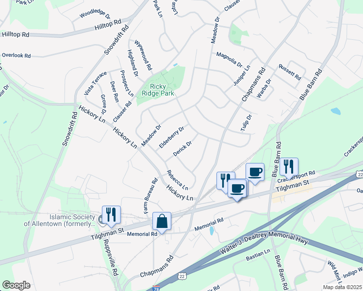 map of restaurants, bars, coffee shops, grocery stores, and more near 5923 Derick Drive in Lehigh County