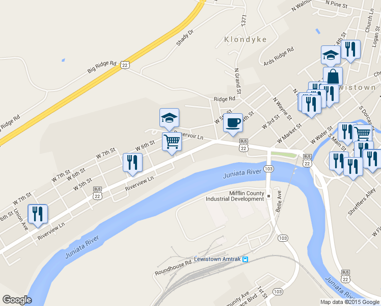 map of restaurants, bars, coffee shops, grocery stores, and more near 6 Richmond Court in Lewistown