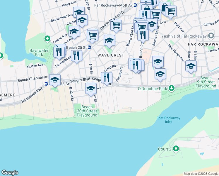 map of restaurants, bars, coffee shops, grocery stores, and more near 1-81 Beach 26th Street in Queens