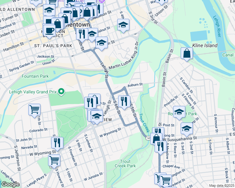 map of restaurants, bars, coffee shops, grocery stores, and more near 538-540 Auburn Street in Allentown