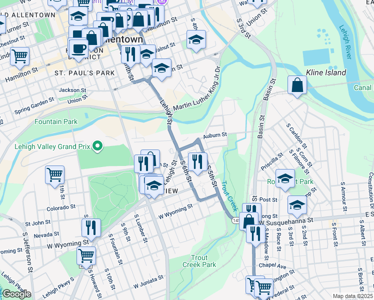 map of restaurants, bars, coffee shops, grocery stores, and more near 538-540 Auburn Street in Allentown