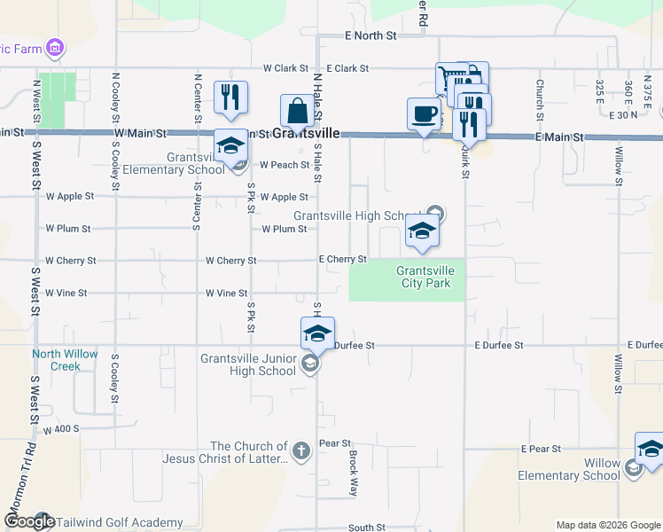 map of restaurants, bars, coffee shops, grocery stores, and more near 28 East Cherry Street in Grantsville