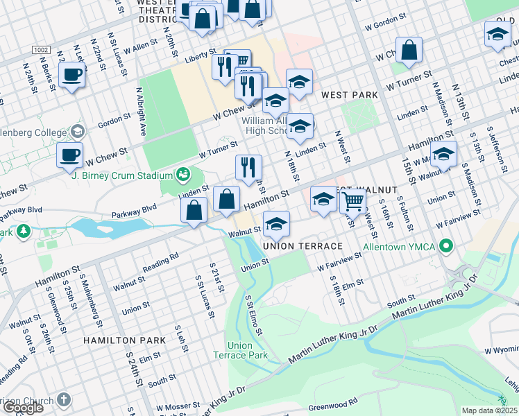 map of restaurants, bars, coffee shops, grocery stores, and more near 1912 Hamilton Street in Allentown