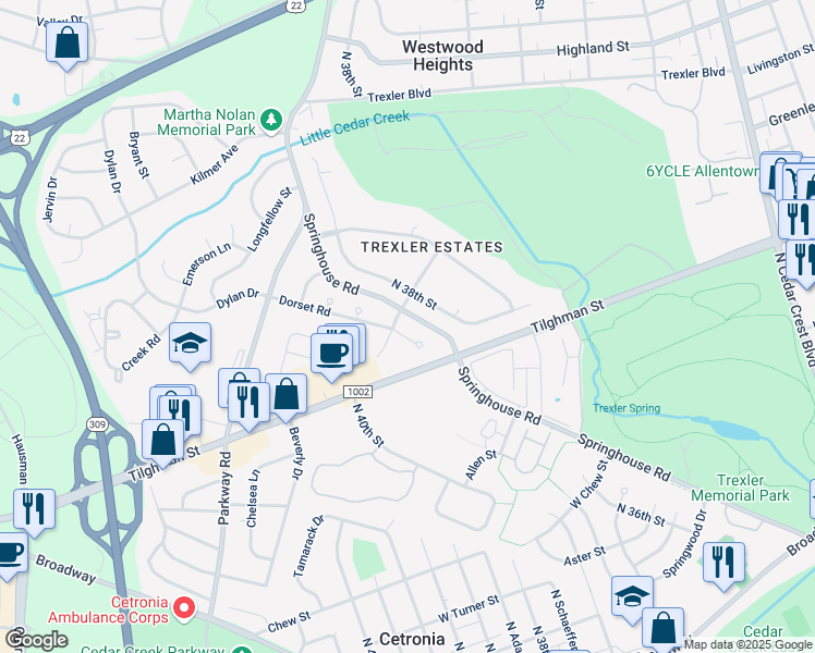map of restaurants, bars, coffee shops, grocery stores, and more near 729 Dorset Road in Allentown