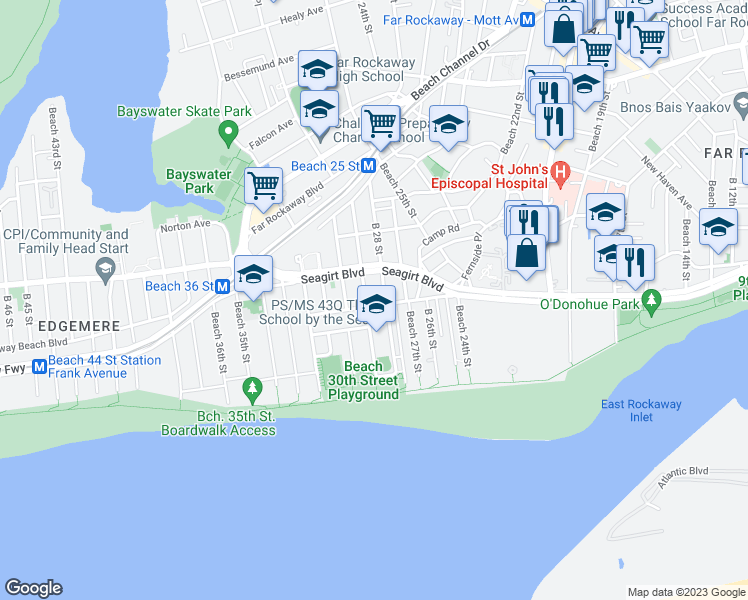 map of restaurants, bars, coffee shops, grocery stores, and more near 28-14 Seagirt Avenue in Queens