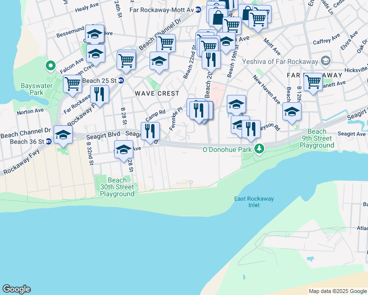 map of restaurants, bars, coffee shops, grocery stores, and more near 20-51 Seagirt Boulevard in Queens