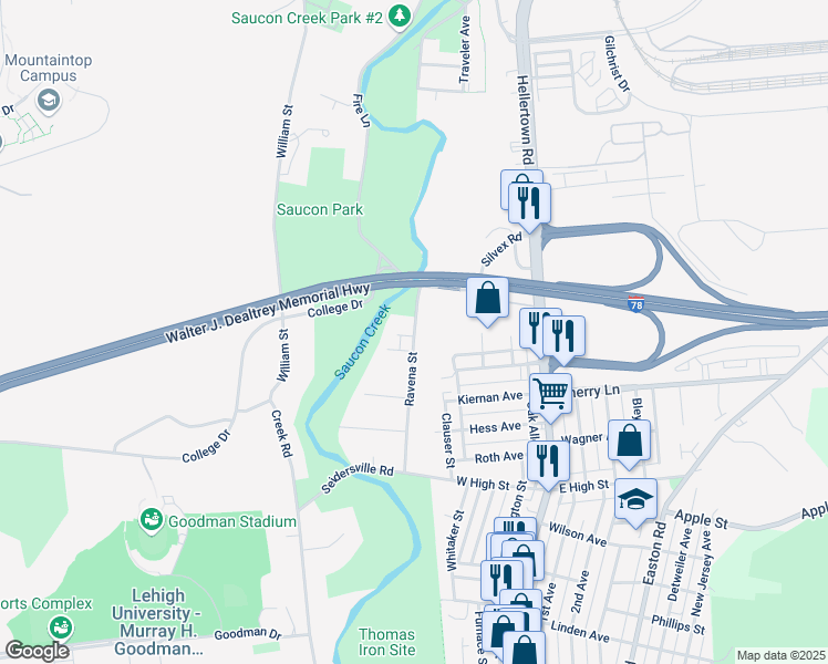 map of restaurants, bars, coffee shops, grocery stores, and more near 1416 Ravena Street in Bethlehem