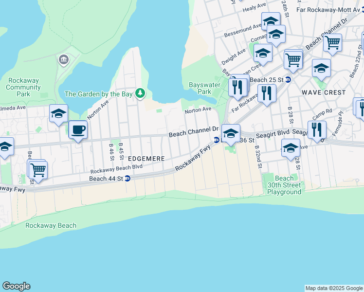 map of restaurants, bars, coffee shops, grocery stores, and more near 39-20 Rockaway Beach Boulevard in Queens