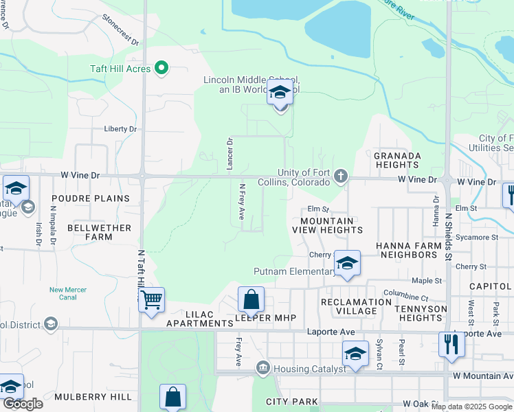 map of restaurants, bars, coffee shops, grocery stores, and more near 514 North Frey Avenue in Fort Collins