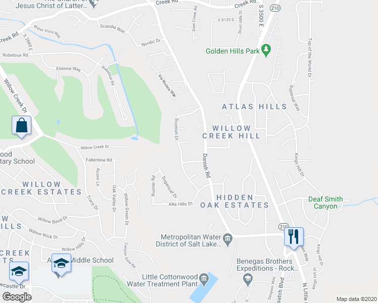 map of restaurants, bars, coffee shops, grocery stores, and more near 3235 English Way in Cottonwood Heights